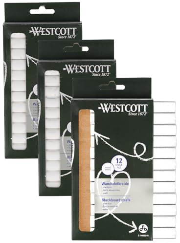Westcott Kreide 12 Stück Weiss (3er-Set) | 3 x 12er Pack Tafelkreide mit 1,2cm ⌀ in deckendem Weiss | staubarm & leicht abwischbar | 8,5cm lange Kreidestifte | E-744982 00
