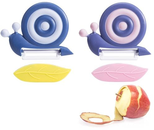 2 Stück Sparschäler Schnecke, SparschäLer Kinder Set Schnecke Keramik Schälmesser mit Rutschfestem Griff Handheld Apfelschäler Tragbarer Kinderschäler für Gemüse Obst für Camping Picknick & Haushalt