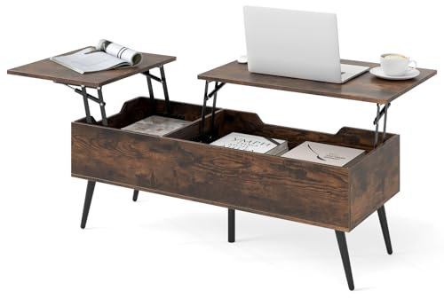 COSTWAY Lift Up Top Coffee Table, Wooden Double Lifting Cocktail Center Table with Hidden Storage Compartments, 5 Metal Legs Rectangle Accent Sofa Side Tea Tables for Living Room Office (Rustic Brown)
