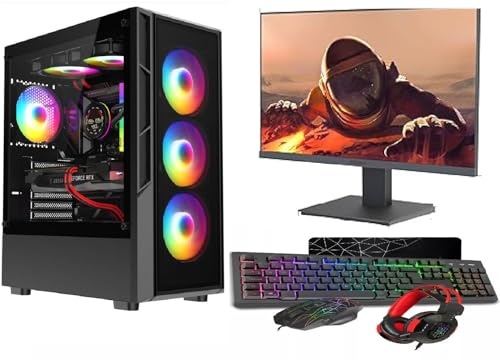 ASC Gaming PC Bundle: AMD Ryzen 5 5500, 16GB RAM, 1TB HDD NVME, GT730 4GB Graphics, Windows 11, 22 Monitor, Black RGB 6 Fan Glass Gaming Case