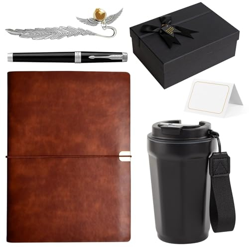 380ml Thermos Café Voiture,Mug Isotherme Cafe,Carnet Carnet Rechargeable | A5 Leather Notebook,Carnet De Voyage Cuir,Avec Marque-Page Plume En Métal,Stylo à Bille En Métal,Boîte Cadeau,pour Bureau