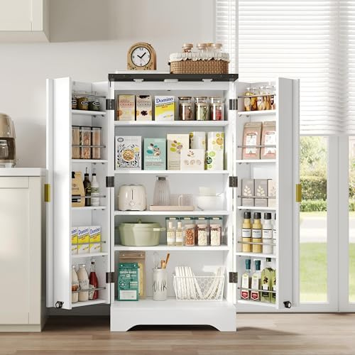 MSMOK Weiß,120x60,5x40cm,Küchenschrank mit LED-Sensorlicht und Gewürzregal, Großzügiger Doppeltür-Schrank mit Verstellbaren Regalböden und Modernem Türdesign