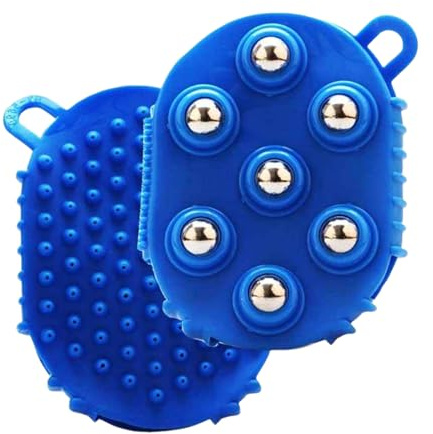 2 in 1 Magnet Massage Striegel Handschuh mit 7 Metallrollen, 2 PCS Magnet-Massage-Striegel Handschuh, Yoga Cellulite Massagegerät, Kugeln Muskelrelaxations, Massagerolle (blau)
