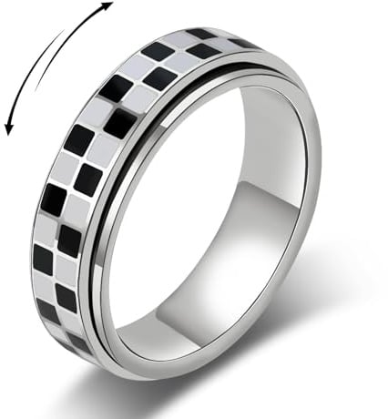 MIYUEFAN Anillos antiansiedad Spinner para mujer y hombre, acero inoxidable, anillos de rodillo, joyas a cuadros en blanco y negro para mujeres que alivian el estrés