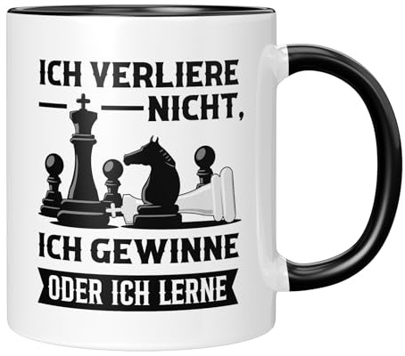LIEBTASTISCH - Tasse mit Spruch Ich verliere nicht ich gewinne oder ich lerne - schach tasse - Geschenkidee - Kaffeetasse - schach deko - Mitbringsel - Schwarz