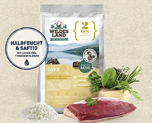 Wildes Land - Halbfeuchtes Trockenfutter für Hunde - Nr. 2 Ente - 5000 g - mit Reis und Wildkräutern - Glutenfrei - Extra viel Fleisch - Soft Für alle Hunderassen - Beste Akzeptanz und Verträglichkeit