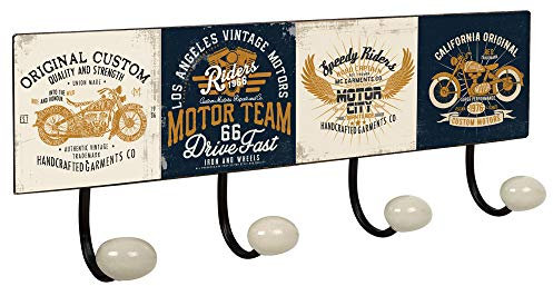 Lashuma Blechschild Metallhaken Nostalgie, 4er Wandgarderobe 40x15,5 cm, Große Deko Küchen Haken Retro Motiv Motorrad