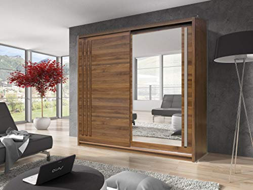 Arthauss Effect 2 Sliding Door Wardrobe 200cm in Columbian Walnut - Spacious Mirrored Wardrobe with Sliding Doors, Elegant Flat Pack Wardrobe, Ideal Mirrored Furniture for Modern Interiors