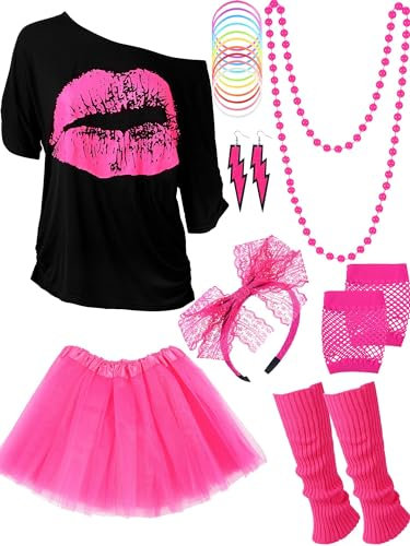 Blulu Ensemble d'accessoires de costume des années 80 avec t-shirt, tutu, bandeau, boucles d'oreilles, collier, jambières