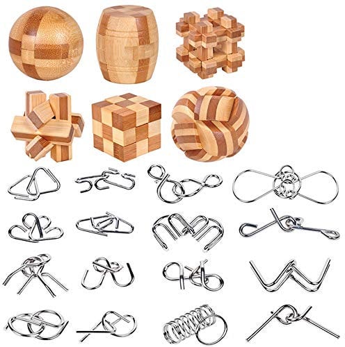 YGZN Casse-tête métallique Wire Set de 22, IQ Test Casse-tête Métal IQ Jigsaw Puzzle Jouet Éducatif pour Adultes et Enfants (Wooden&Metal Puzzles 22pcs)