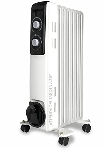 Radiateur à huile avec 7 éléments chauffants à grande inertie thermique. Puissance maximale de 1500 W. 3 puissances de chauffage : 600 W - 900 W - 1500 W