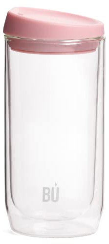 BU Products Reusable Double Walled Glass Coffee Cup | Travel Mug | Splash Proof Antibacterial Lid | BPA Free | Cappuccino Latte Flat White Glass Mugs | Vacuum Insulated | 16oz/454ml Blush Pink