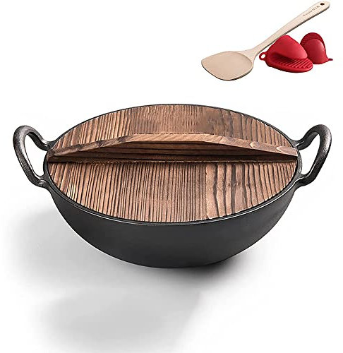 MNSSRN Eisenpfanne mit Zwei Griffen, Dicke unbeschichtete antihaftbeschichtete Eisenpfanne, Pfanne mit Holzdeckel, zum Braten, Braten, Braten, Dämpfen,36cm