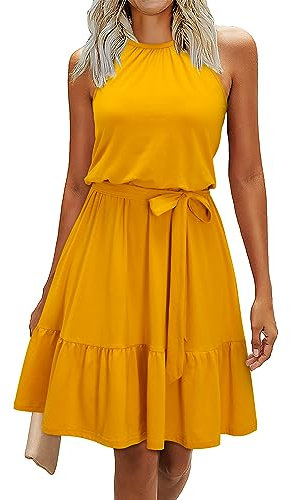 Newshows Sommerkleid Damen Knielang Elegant Kleid Neckholder Sommer Ärmellos Freizeitkleider mit Taschen(Gelb, Klein)