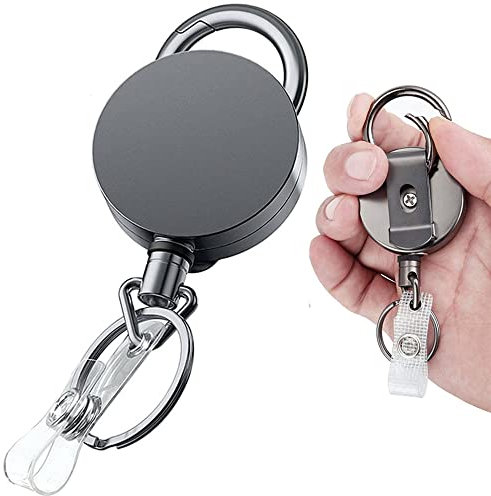 VOVIGGOL Porte Clé Retractable en Métal Robuste avec Clip de Ceinture et Mousquetons, Porte Clef ID Carte Porte Badge Reel pour Porte-cartes d'identité Clés, Cordon Rétractable 70cm