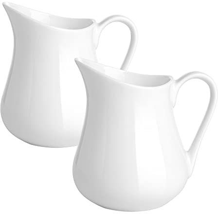 Gurygo Juego de 2 jarras de cerámica de 8 onzas con asa, pequeño recipiente clásico de leche blanca, jarra de porcelana fina para café, salsas de leche, ensalada, microondas y congelador