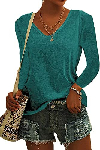 ASKSA Womens T-Shirt V Neck Tunic Tops Plain Long Sleeve Shirts Casual Loose Basic Tee Top (Lake Blue,M)