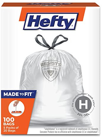 Hefty Passgenau für Müllbeutel, passend für SimpleHuman Größe H, 100 Stück (4 Beutel mit je 25 Beuteln)