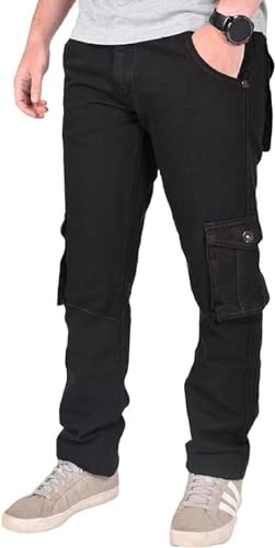 True Face Mens Jeans Cargo Combat Denim Regular Fit Trouser Casual Multipocket Bottoms Zip Fly Pants Jet Black 40W / 32L