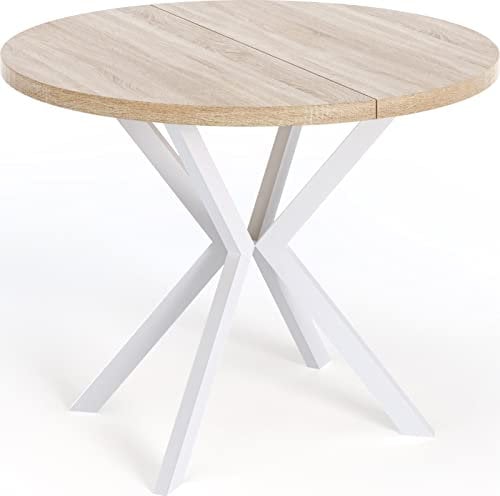 WFL GROUP Runder Ausziehbarer Esstisch für 6-10 Personen - Loft Style Tisch mit Weißen Metallbeinen - 90 bis 120 cm - Industrieller Tisch für Wohnzimmer - Spacesaver - Sonoma Eiche - 100 cm