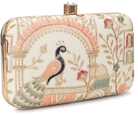 LONGING TO BUY Hand Crafted Designer Box Clutch For Women, Zari Embroidery Hand Clutch For Women (Cream-2)