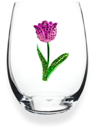 THE QUEENS' JEWELS Tulip Jeweled Stemless Wine Glass, 21 oz. - Unique Gift for Women, Birthday, Cute, Fun, Not Painted, Decorated, Bling, Bedazzled, Rhinestone