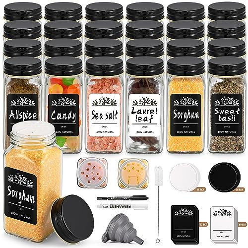 FNLLC Miorkly Gewürzgläser Eckig 24er Set mit DIY Gewürzetiketten, 120ml Gewürzdosen mit Streueinsatz, Kreidestif, Trichter & Bürste, Schwarzem Deckel