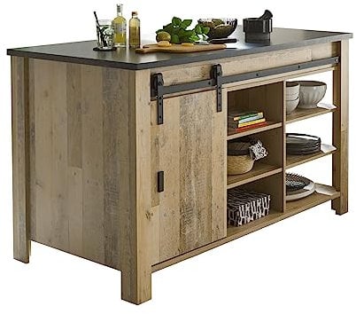 Furn.Design Kücheninsel Unterschrank Used Wood hell und anthrazit/grau Küchenschrank freistehend mit viel Stauraum Handtuchhalter und Scheunentorbeschlag 162 x 77 cm Stove (Kücheninsel)
