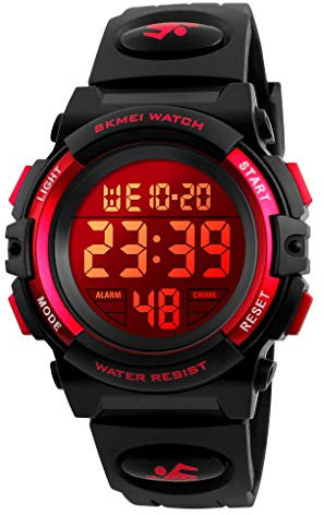 Dayllon Digitaluhr Kinder Uhren für Jungen Armbanduhr Kinder Outdoor Sport 50M Wasserdicht Elektronische 12/24 H Wecker Stoppuhr/Kalender/LED-Licht/Datum Junge Mädchen Black Red XS(3-10 Year Old)
