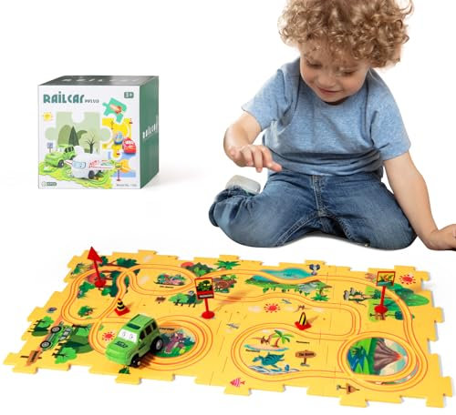 Kadayaya Dinosaurier Puzzle Spielzeugauto für Kinder 3-5 Jahre DIY Puzzle Autorennbahn Spielset für Kinder Puzzlebahn Auto Lernspielzeug für 3 4 5 6 Jungen Mädchen Montessori Spielzeug für Kleinkind