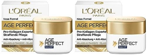 L'Oréal Paris Straffende Nachtpflege für reife Haut, Anti-Aging Feuchtigkeitspflege gegen Altersflecken, Mit Kollagen-AS-Fragmenten, Age Perfect Pro-Kollagen Experte, 50 ml (Packung mit 2)