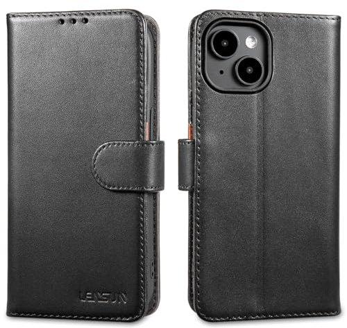 LENSUN Echtleder Hülle für iPhone 15, Handyhülle [Echtes Leder][Magnetverschluss][RFID Schutz] Handytasche Lederhülle Kompatibel mit iPhone 15 5G(6,1) - Schwarz