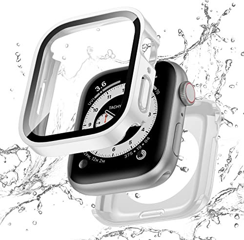Singiuzoo Custodia impermeabile 2 in 1 per Apple Watch Serie 9 8 7 41 mm, bordo dritto, paraurti anteriore e posteriore in PC con protezione dello schermo in vetro temperato 360 Cover protettiva per