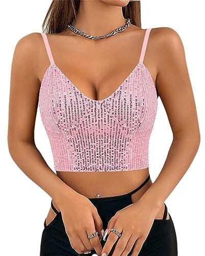 Naimo Donna Canottiera con Paillettes Sexy Scollo a V Tank Top Senza Maniche Canotta Spalline Sottili Luccicante Top