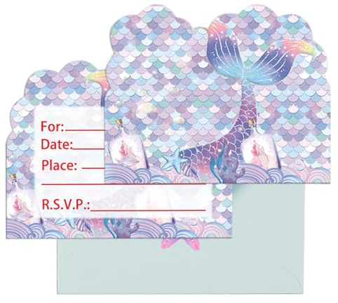 IHCEMIH 20 Pack Party Invitations Kids, Birthday Invites Card Boys Girls Mermaid Party Invite Childrens Paper Invitation Cards with Matching Envelopes Stickers for Children UK