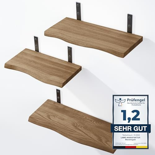 LAMO Manufaktur 3 Piezas Estante de Pared de Madera 40/35/30cm | Estante de Pared de Madera Estante de Pared para Sala de Estar | Set estantes de Pared 1 Borde oflis Color: Nogal