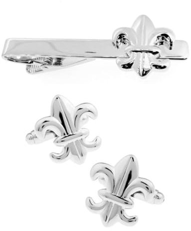 Ensemble Pince à Cravate et Bouton de Manchette Homme | Broche Cravates Fleur de Lys | Accessoire Argenté Mode Hommes | Cadeau Affaires Anniversaire de Mariage