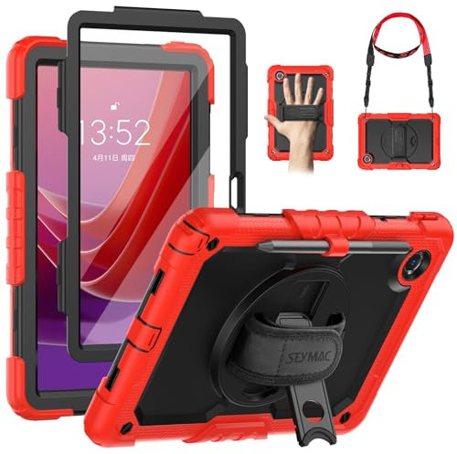 SEYMAC Case for Lenovo Tab M11 2024 (TB-330FU/TB-330XU/TB-331FC), for Lenovo Xiaoxin Pad 11 inch With 360° Rotating Stand/Hand Strap, Shoulder Strap, Screen Protector, Case for tab K11, Red