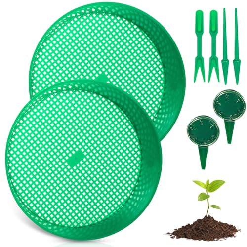 TOATELU Lot de 2 tamis de jardin ronds verts en plastique avec poinçon, semis et semis de bégule, tamis d'outils de jardin, tamis de terre pour terre, compost, semences