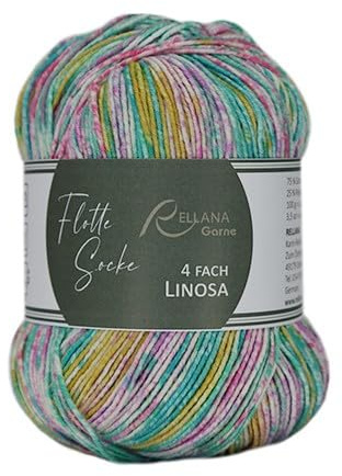 Rellana Flotte Socke 4f. Woolfree Linosa,93% Polyacryl und 7% Stretch-Polyester,100 g = ca. 420 m (1832 gelb-weiß-türkis-rosa)