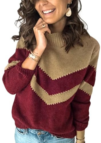 HEYPORK Damen Herbst Winter Warm Bequem Pullover Casual Mode Strickjacke Strickpullover Frauen Herbst/Winter Pullover Patchwork Strickpullover Pullover(I Rot, M)