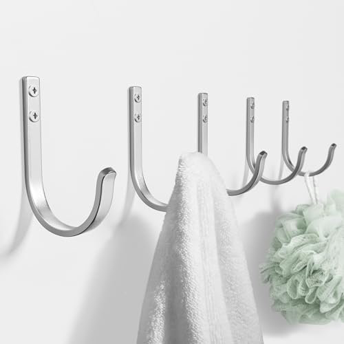 Josmimic Wall Hooks for Towel/Coat - 22LB Heavy Duty Metal Hanger Wall Mount, for Outdoor, Closet, Door, Shelf, Bathroom, for Backpack, Cup, Clothes, Mug, Silver Matte 5 Pack, Screws Included