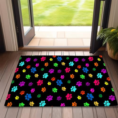 SPUNKER Door Mat,Paws Print Front Doormats 17''x30'',Colorful Dog Paw Print Indoor Outdoor Entrance Welcome Mat,Low-Profile Floor Rugs for Entry Patio