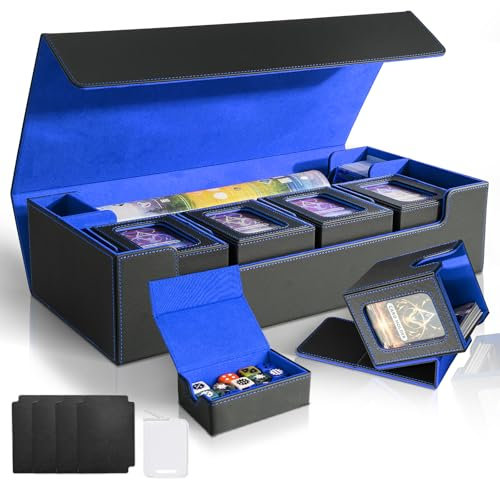 Jaffzora Caja de cartas para MTG Commander, gran 6 en 1 con 5 cajas de mazo TCG y bandeja de dados, capacidad para más de 2400 cartas coleccionables sin funda (juego negro y azul)