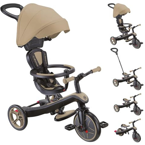 GLOBBER Explorer Trike 4in1 Pro in Sand – Dreirad, Laufrad und Kinderwagen in 10/8,5 Zoll – TPR-Sitz – höhenverstellbares Kinderfahrzeug
