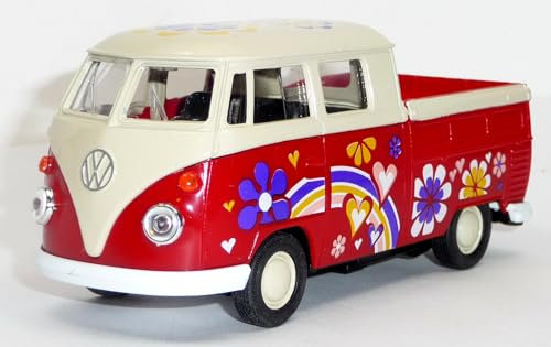 Welly Modellauto kompatibel mit VW Bulli T1 Doppelkabine rot/beige Love/Peace mit Pritsche ca. 1:37 Spritzguss