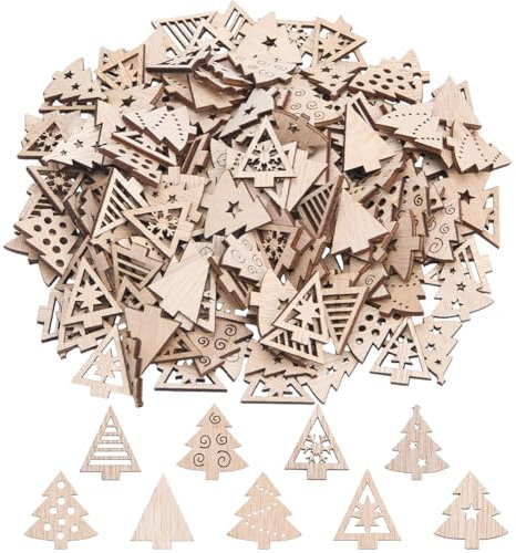 SUNNYCLUE 4 Sets 200Pcs Wooden Tree Shapes Christmas Wood Cutout Assorted Natural Unfinished Blank Holiday Xmas Trees Small Decorations Slices Hanging Ornaments for DIY Crafts Party Decor Supplies