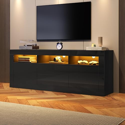 MURUL Mobile TV a LED lucido, 3 scomparti aperti, per TV da 70, supporto TV lucido, 2 porte, 2 cassetti, controllo intelligente tramite app