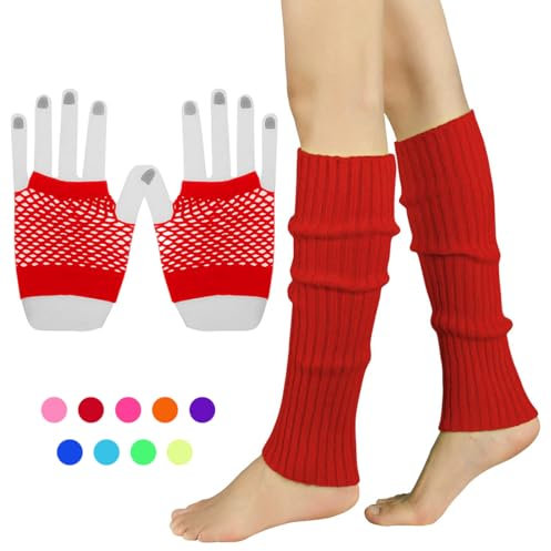 INGJIA Fischnetz Handschuhe,Elastische Neon Beinstulpen und Netzhandschuhe Set 80er Jahre Kostüm Zubehör(Rot 2)