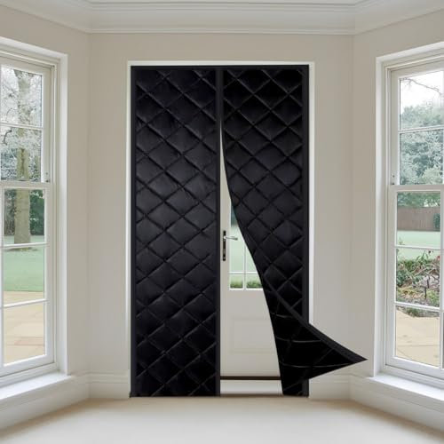 Isolation Porte Avec Magnétique, 185x255cm Moustiquaire Rideau De Porte Isolant Coton Rideau d'occultation Coupe-vent Imperméable Isolation Phonique,Noir